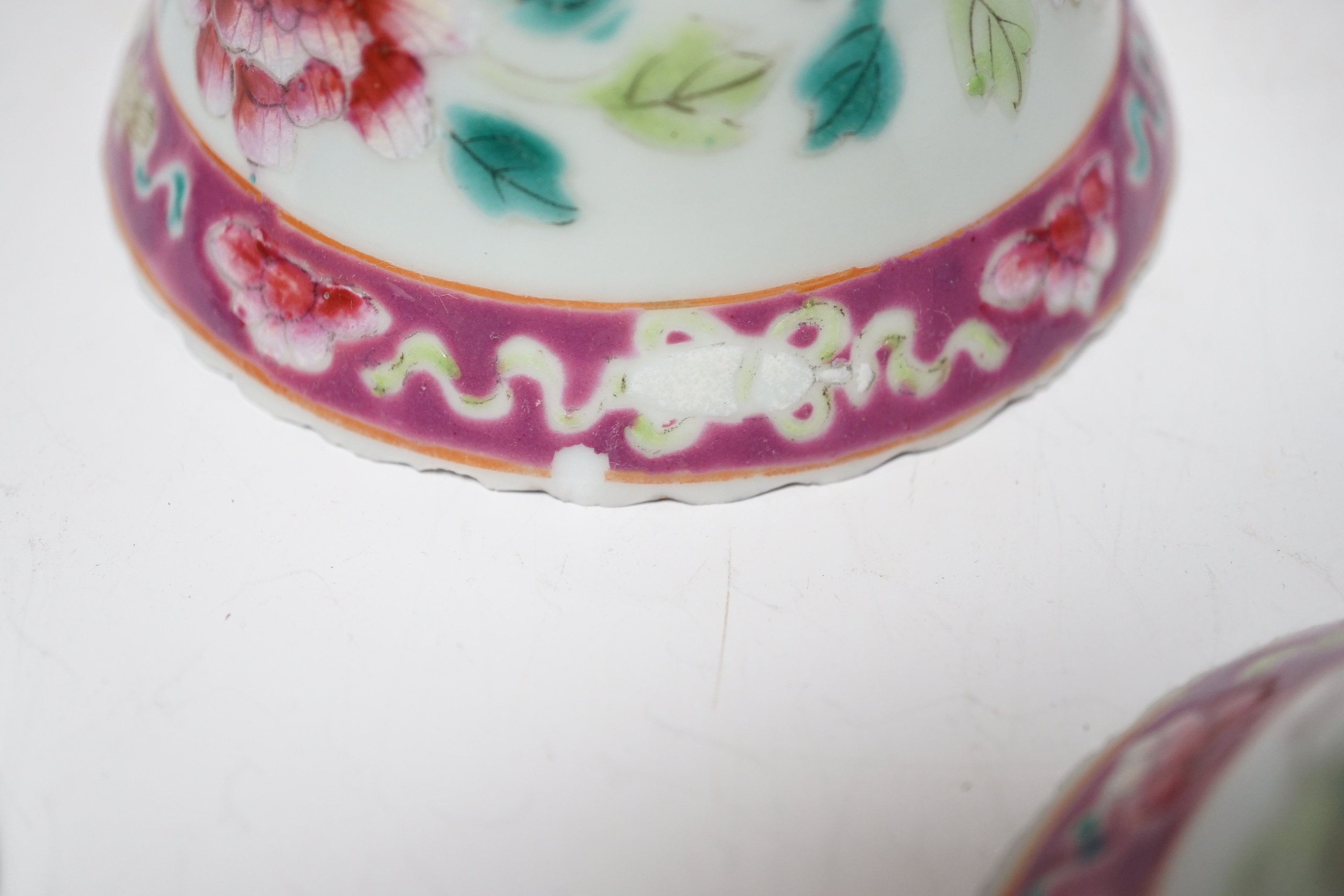 A Chinese Straits enamelled porcelain teapot and cover and seven similar tea bowls, Guangxu period and a pillow, teapot 18cm high including cover